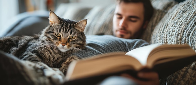 Photo a man naps on a couch with a cat and an open book in his lap