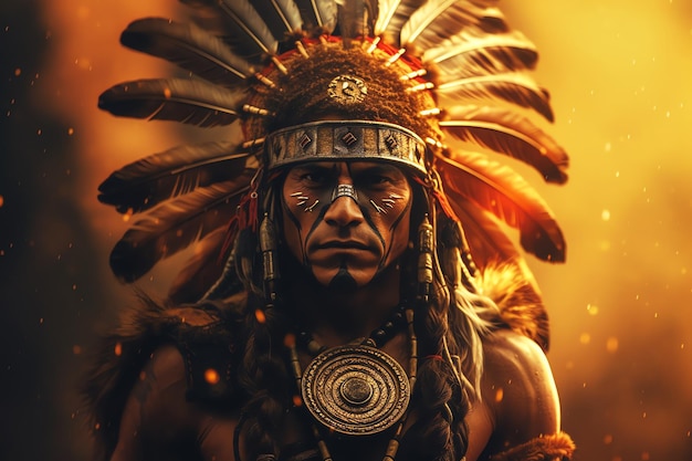 A man in a native american costume with a feather headdress and a feathered headdress.