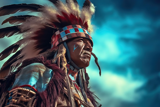 A man in a native american headdress stands in front of a cloudy sky.