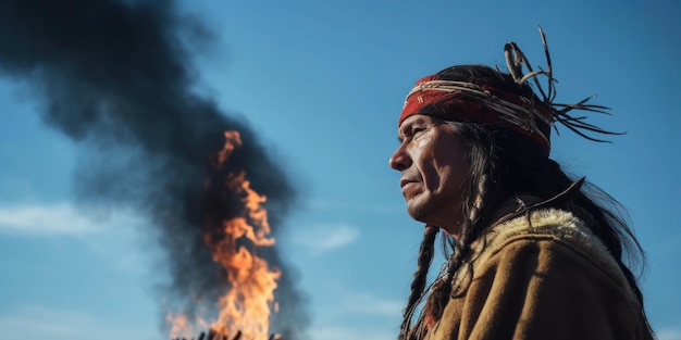 A man in a native american outfit stands in front of a fire.