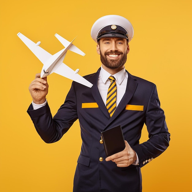 a man in a navy suit holds a small model airplane