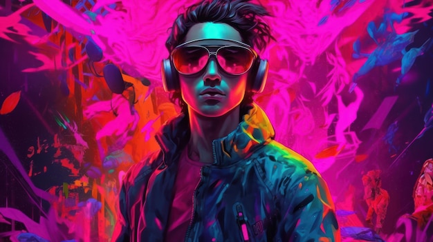 A man in a neon jacket and headphones stands in front of a colorful background.