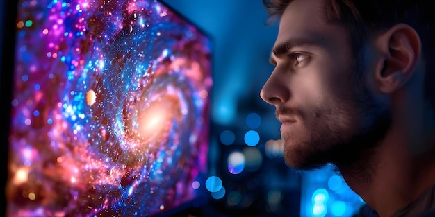 Photo man observing a computer screen showing a galaxy teeming with stars and planets concept space exploration technology astronomy discovery digital interface