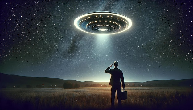 Man observing a diskshaped alien spacecraft in the night sky