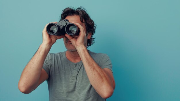 Photo man observing through binoculars