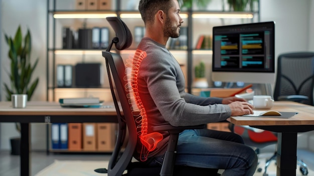 Photo a man in an office setting with highlighted spine showcasing the importance of ergonomic seating