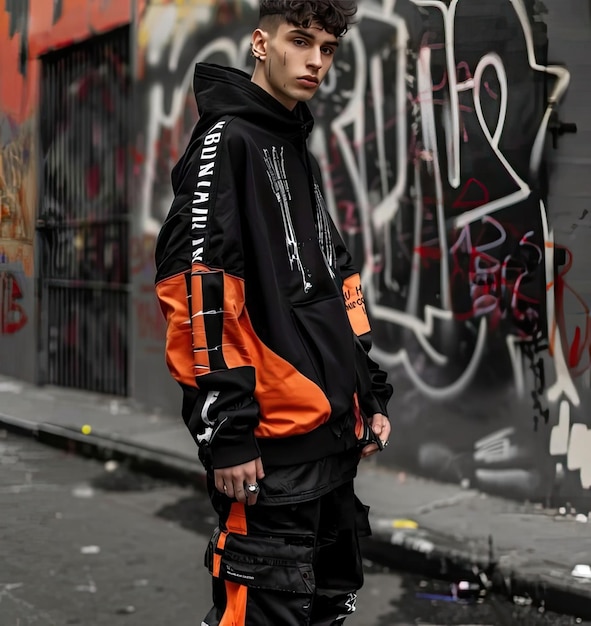 Photo a man in an orange and black jacket stands in front of a graffiti wall