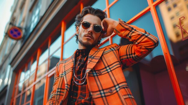 Photo man in orange checkered suit outdoors