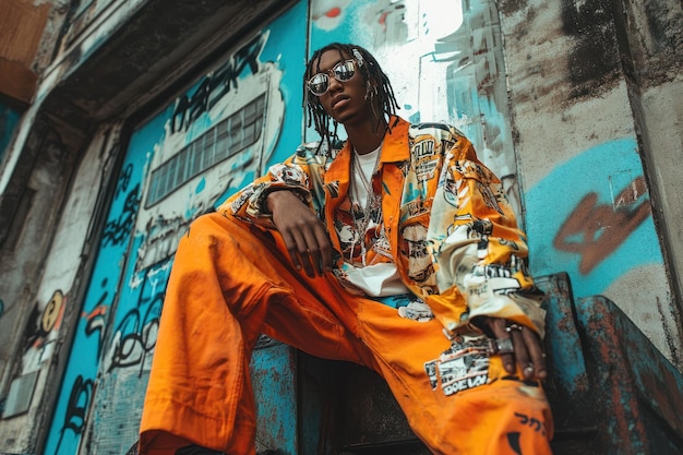 Photo a man in orange clothing poses against a grafitticovered wall