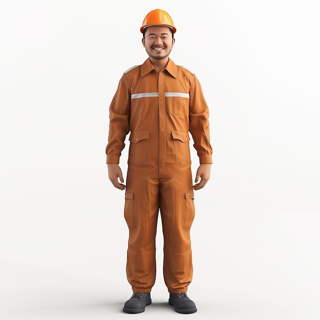 A man in a orange coverall and orange helmet standing