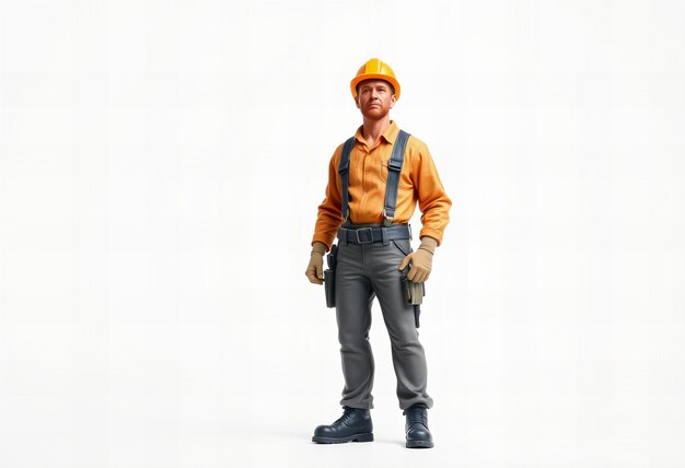 Photo a man in an orange hard hat and overalls with a gun on his head