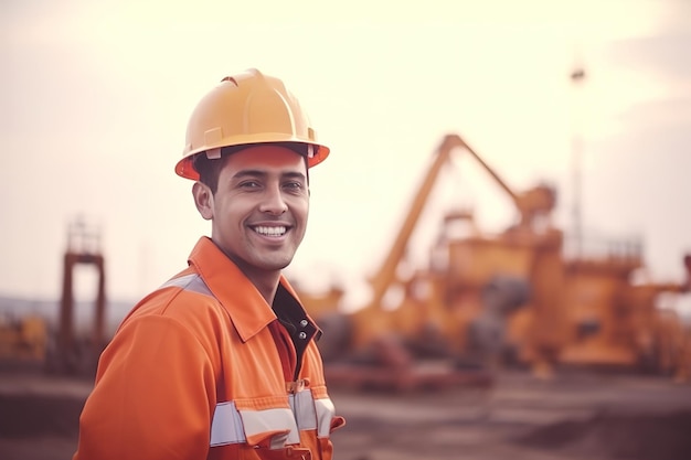 A man in an orange hard hat stands in front of a construction site