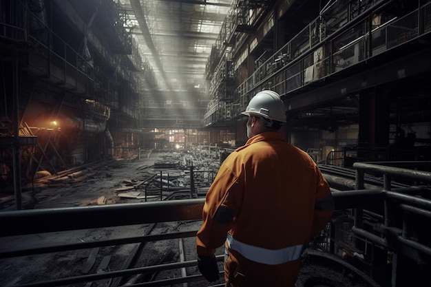 A man in an orange hard hat stands in an industrial building with a large industrial area and the words'industrial'on the front.