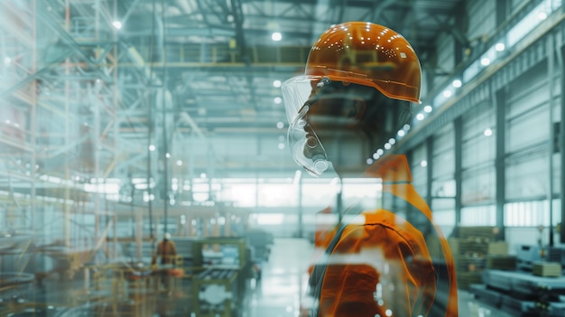 a man in an orange helmet is looking at something