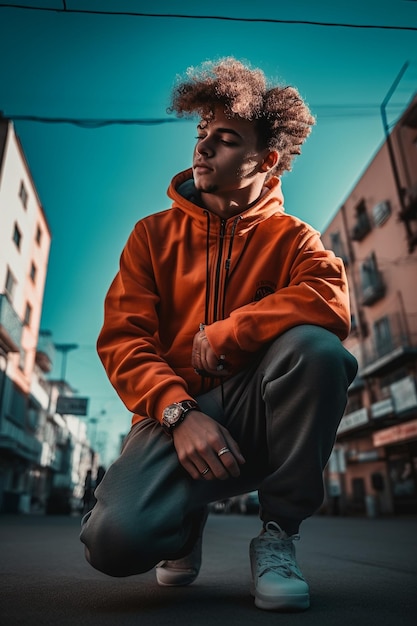 A man in an orange hoodie squats down in front of a city street.