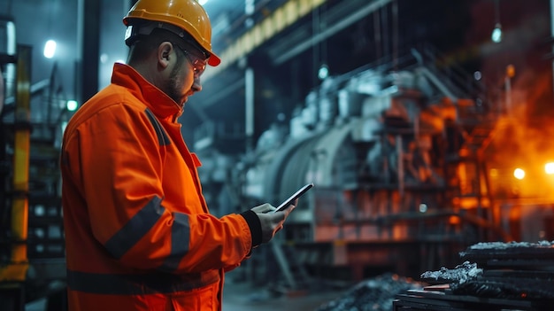 Man in orange jacket and hard hat using cellphone