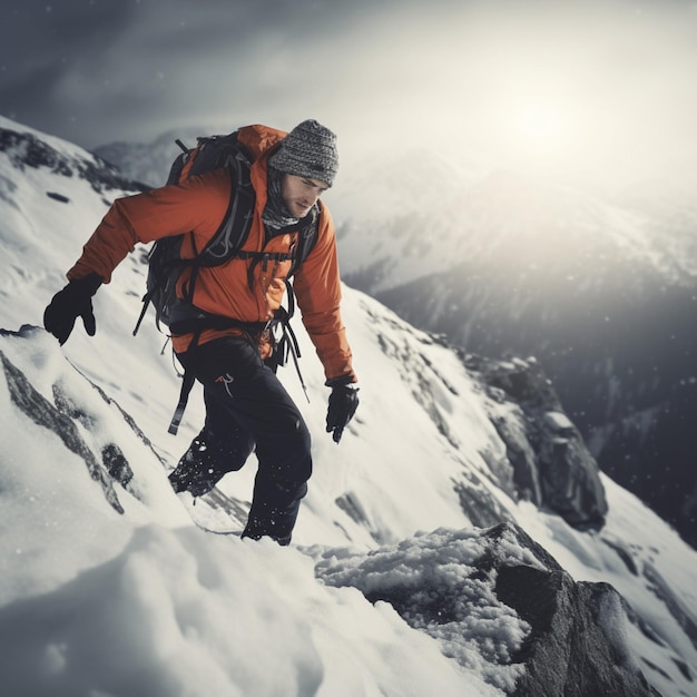 A man in an orange jacket is hiking up a snowy mountain.