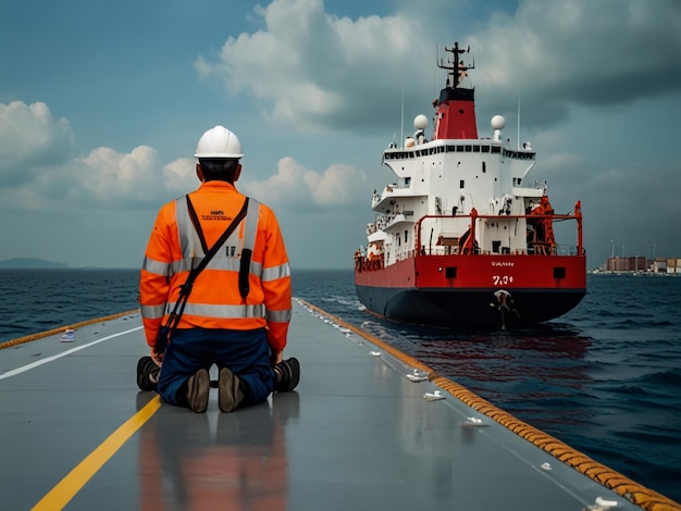 a man in an orange jacket is sitting on a ship