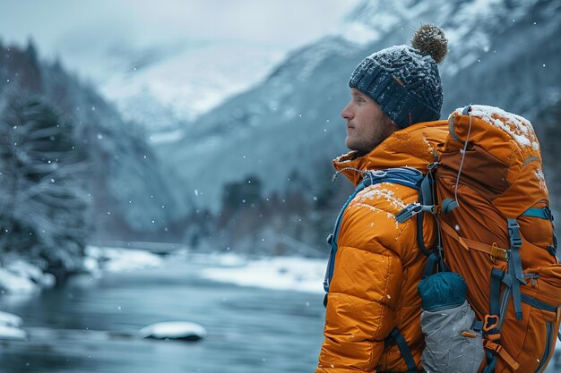 Photo a man in an orange jacket is standing in front of a mountain with snow on his back