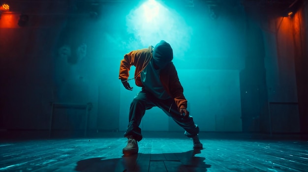 a man in an orange jacket is standing on a stage with a blue light behind him