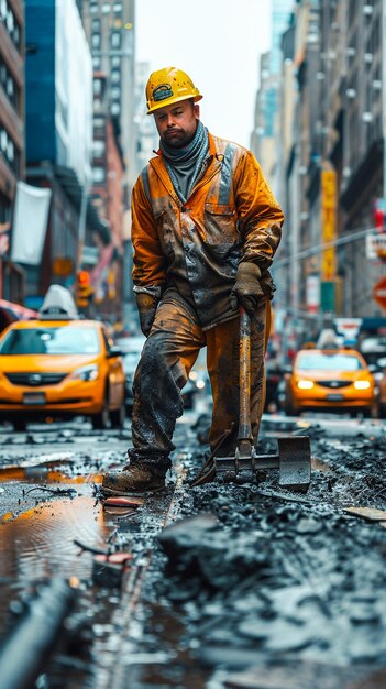 a man in an orange jacket is standing in the street with a yellow taxi behind him