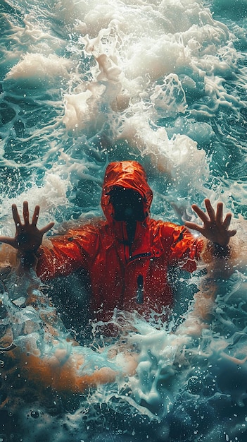 a man in a orange jacket is in the water with his hands in the water