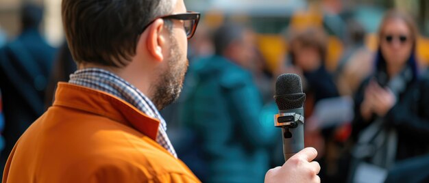 Photo man in orange jacket speaking at outdoor event