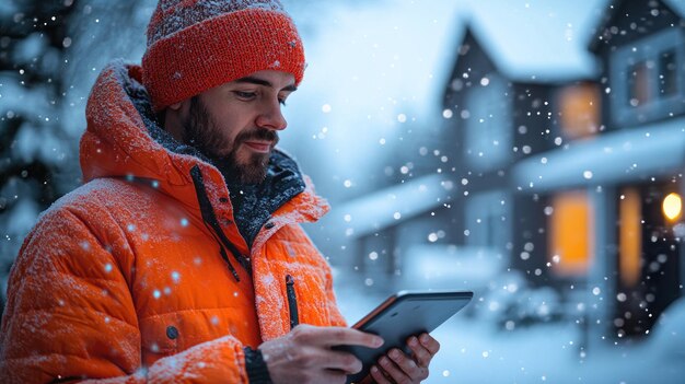 Photo man in orange jacket using a tablet in snowy winter