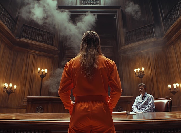 Photo a man in an orange jumpsuit discusses his case with his lawyer in a smoky courtroom setting