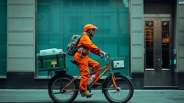 a man in an orange jumpsuit rides a bike with a green cart attached to the back of it