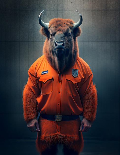 A man in an orange jumpsuit with a buffalo on his head.