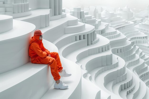 Photo man in orange overalls sitting on white stairs representing solitude and contemplation in a modern