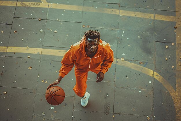 Photo man in orange playing basketball dynamic style