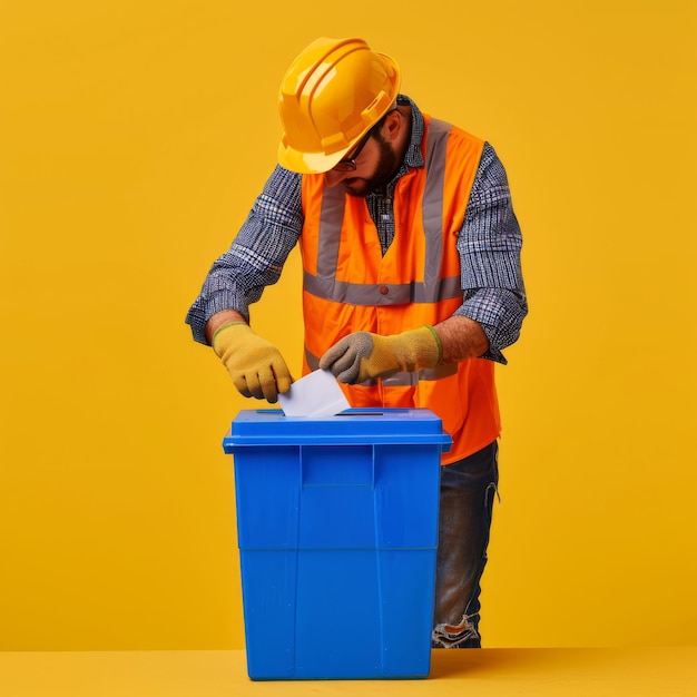 A man in an orange safety suit carefully places an object into a blue box