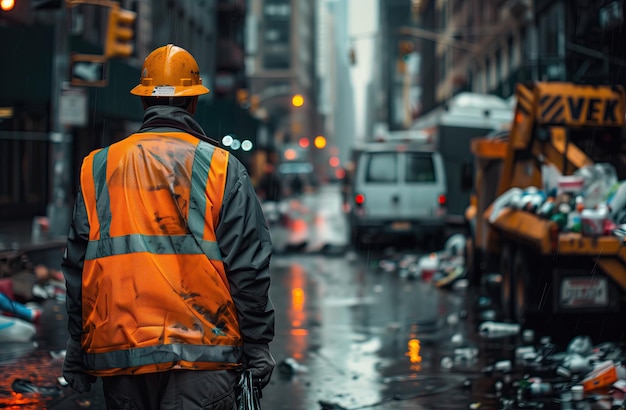 a man in an orange safety vest is walking down a street