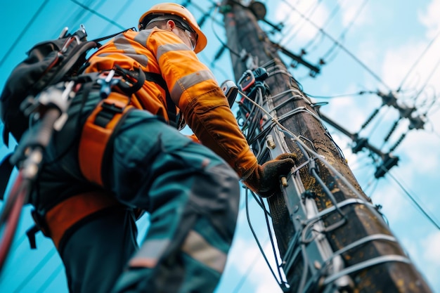 A man in an orange safety vest is working on a power line