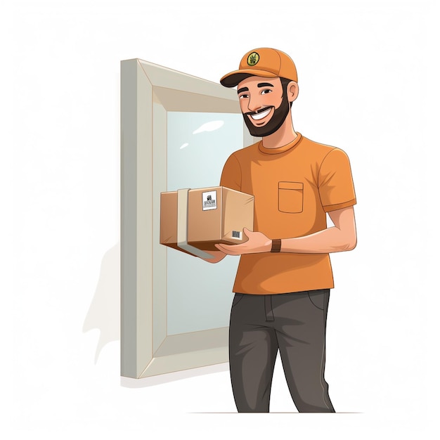 Man In Orange Shirt Holding A Box And Smiling