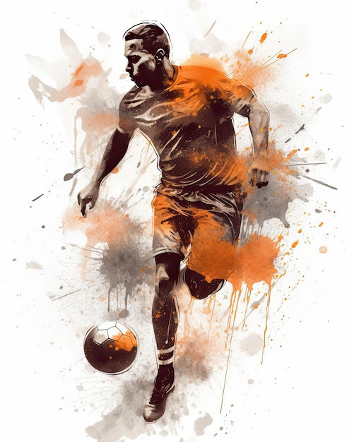 A man in an orange shirt is kicking a soccer ball.