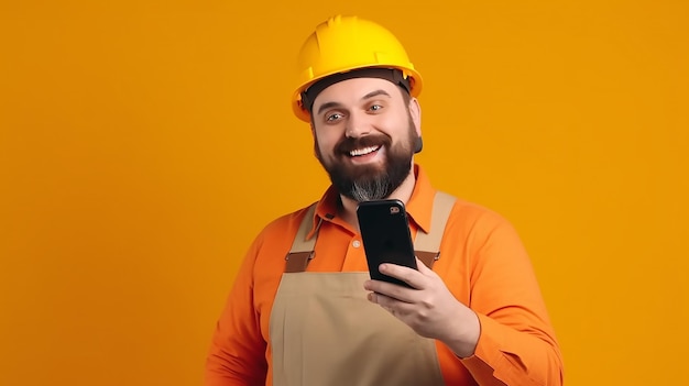 A man in an orange shirt and an orange helmet smiles at a phone.