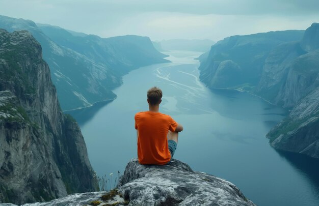 Photo man in an orange shirt sitting on a cliff edge overlooking a serene fjord