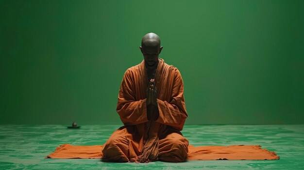 a man in orange sitting in front of a green background