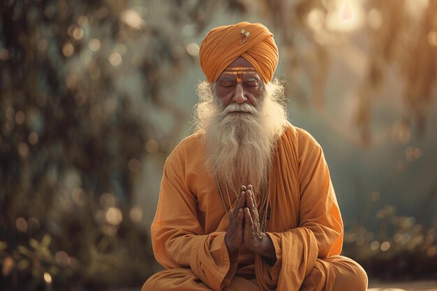 Photo a man in orange sitting in front of a tree with his hands in the air