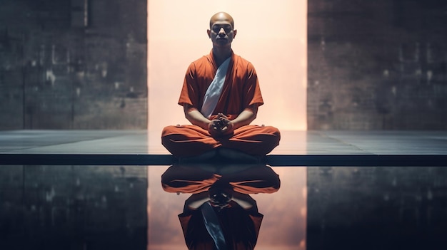 a man in orange sitting on a platform with his hands on his hips