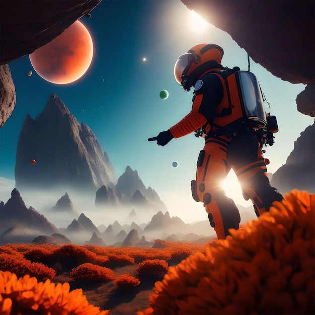 A man in an orange space suit pointing at a planet