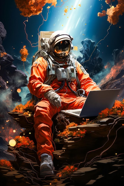 Man in orange space suit sitting on rock with laptop Generative AI