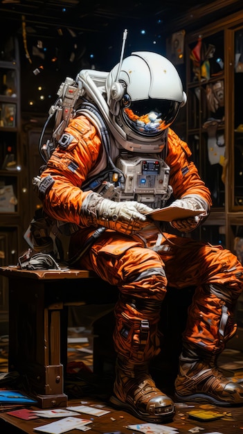 Man in orange space suit sitting on table Generative AI