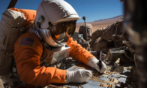 Man in Orange Space Suit Working on Metal