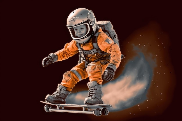 A man in an orange suit is riding a skateboard on a dark background.