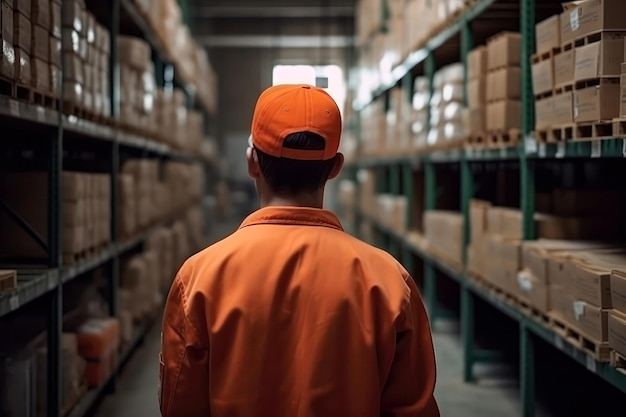 Man In Orange Uniform Cap TShirt Overalls Rear View On The Shelves Of The Delivery Box Generative AI