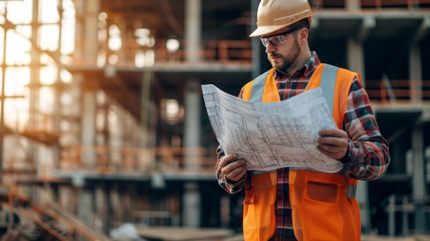 Man in Orange Vest Examining Blueprint